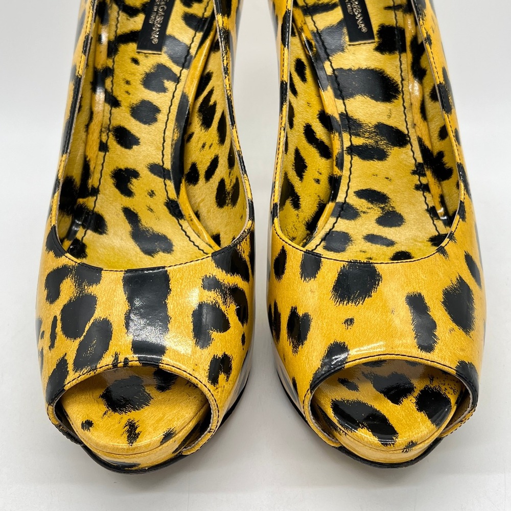DOLCE & GABBANA Yellow Leopard Peep Toe Platform Pump 9.5 Black Animal Stiletto - Picture 2 of 16